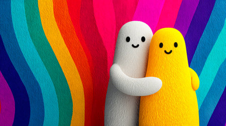 Two charming characters one white and one yellow hug each other against a vivid rainbow backdrop. The playful scene conveys happiness and warmth perfect for expressing affection and friendship.の素材