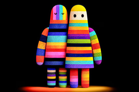 Two vibrant striped figures one resembling a person with closed eyes stand side by side against a black background.の素材