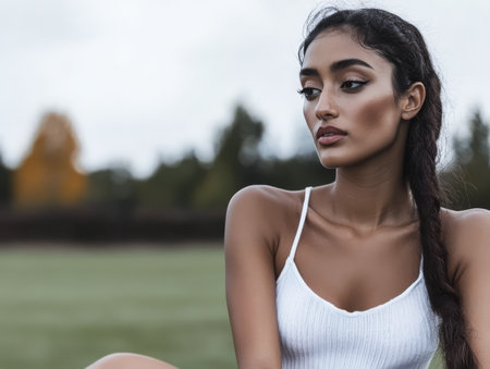 A model sits gracefully on a grassy field showcasing her elegant profile. The cloudy sky and surrounding trees in autumn hues enhance the serene atmosphere of the setting.の素材