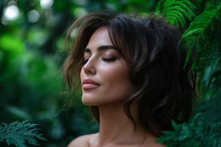 A woman stands peacefully with her eyes closed surrounded by vibrant green foliage.の素材