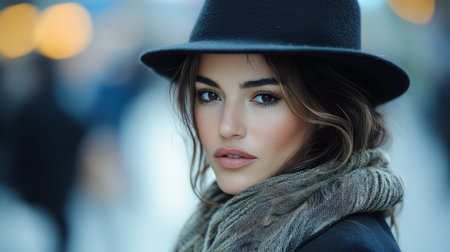 A young woman poses confidently in an urban environment wearing a stylish black hat and a cozy scarf.の素材