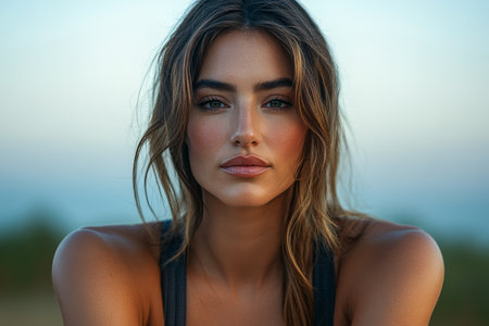 A woman sits outdoors showcasing her natural beauty against a soft evening backdrop. Her confident gaze and relaxed demeanor highlight her striking features framed by gentle waves of hair.の素材
