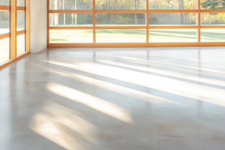 Sunlight creates patterns on a smooth floor in a spacious minimalist area. The large windows showcase a tranquil outdoor setting with greenery. The space is designed for functionality and serenity.の素材