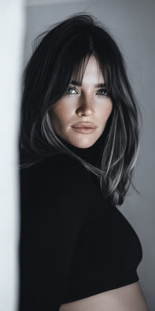 A woman with long flowing hair gazes directly into the camera standing against a softly lit minimalistic backdrop. Her thoughtful expression conveys depth and intrigue.の素材