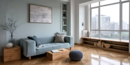 Bright and spacious living room features a comfortable sofa and wooden furnishings. Large windows offer an inviting view of the cityscape enhancing the modern atmosphere with natural light.の素材