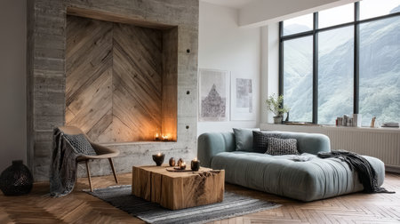 This stylish living room features a light-colored sofa and wooden coffee table illuminated by natural light pouring from large windows. A serene mountain view enhances the tranquil atmosphere.の素材