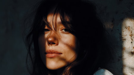 A woman with expressive features gazes thoughtfully toward the camera. Dramatic shadows from sunlight create an artistic play on her face against a textured wall.の素材