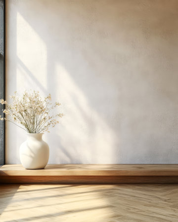 Soft sunlight streams through a large window gently enhancing the charm of a simple vase filled with delicate flowers. The warm wooden shelf complements the serene atmosphere of the room.の素材