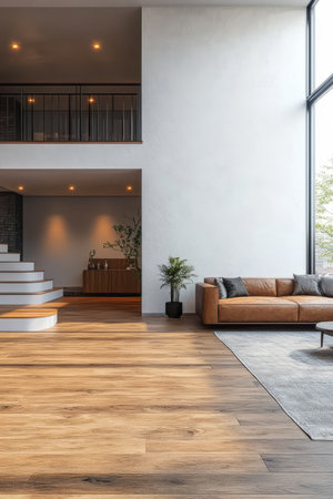 Spacious living area features large windows allowing natural light wooden flooring and a cozy leather couch. A stylish staircase leads to an upper level enhancing the rooms elegance.の素材