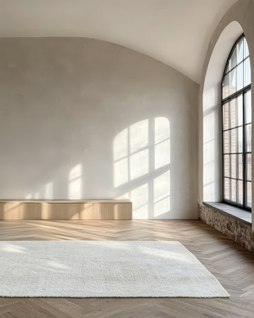 Bright minimalist interior features large arched windows allowing natural light to flood the room. A simple rug is placed on warm wooden flooring enhancing the serene atmosphere.の素材