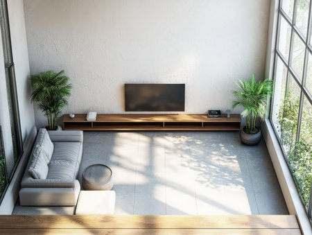 A spacious living room showcases a minimalist design with large windows allowing ample natural light. Plants enhance the atmosphere while a sleek television is mounted on a wooden wall unit.の素材