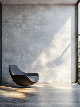 A stylish chair is positioned in a spacious room with natural light pouring in. The minimalist decor features a smooth grey wall and wooden flooring creating a calm atmosphere.の素材