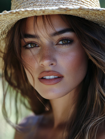 A young woman with captivating green eyes and soft brown hair gazes thoughtfully into the distance. She is wearing a straw hat that complements her natural beauty.の素材