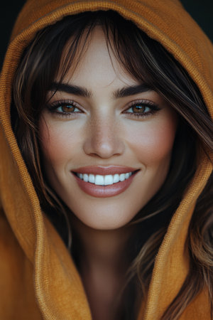 A woman with long hair wearing an orange hoodie smiles warmly at the camera. Her eyes sparkle with joy creating an inviting and cheerful atmosphere. Natural lighting enhances her features.の素材