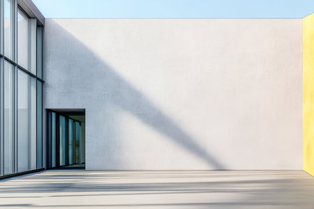 A spacious architectural setting showcases a minimalist design with vast glass panels a blank wall and long shadows cast on the floor creating a serene atmosphere in the afternoon light.の素材