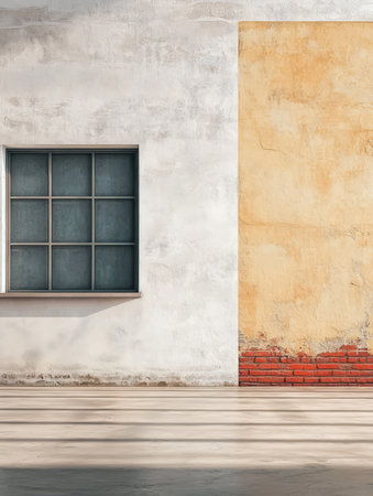 A clean and simple interior showcases a large window with six panes beside a textured yellow wall. Natural light filters through highlighting the rustic details of the environment.の素材