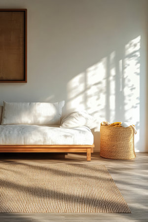 Sunlight streams through a window casting shadows on a cozy living room. A simple white couch and a textured rug create a warm atmosphere complemented by a woven basket.の素材