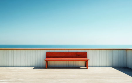 A vibrant red bench stands alone on a wooden deck providing a perfect spot to enjoy the serene view of a calm sea and clear blue sky. Ideal for relaxation and contemplation.の素材