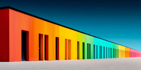 A striking building features brightly colored vertical stripes in rainbow hues. The facade is artistically designed creating an eye-catching visual effect in a serene outdoor setting.の素材
