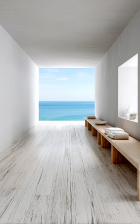 Bright and airy room featuring clean lines and wooden benches offering a stunning view of the ocean. The space highlights a serene atmosphere and elegant simplicity.の素材