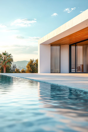 A modern villa showcases sleek architecture near a calm pool. The sun sets over the horizon illuminating the surrounding palm trees and serene landscape in soft hues creating a peaceful atmosphere.の素材