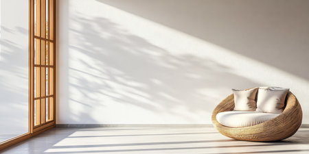 A wicker chair sits beautifully in a bright room illuminated by sunlight filtering through large windows. Shadows of tree leaves dance on the walls enhancing the tranquil atmosphere.の素材