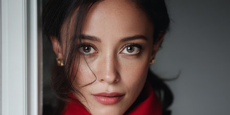 A woman with long dark hair and captivating eyes poses in a cozy indoor environment. She wears a red garment and exudes elegance illuminated by gentle sunlight streaming through a nearby window.の素材