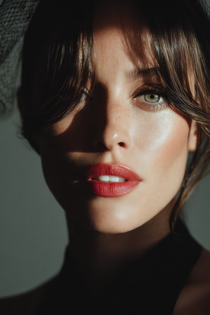 A woman with glossy lips and captivating eyes poses gracefully against a softly lit backdrop. Her hair is styled elegantly and delicate shadows accentuate her features for a dramatic effect.の素材