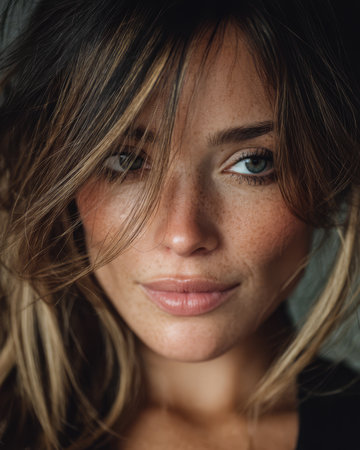 A young woman poses with a subtle smile highlighting her freckles and long hair in soft natural lighting. The warm tones create an inviting atmosphere as she gazes playfully.の素材