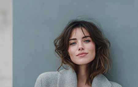 A woman with wavy hair is smiling softly standing in front of a muted background. The setting appears calm and serene highlighting her natural features and relaxed demeanor.の素材