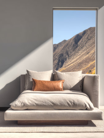 A modern living space showcases a comfortable seating arrangement against a picturesque mountain backdrop. Natural light filters in highlighting the cozy atmosphere and minimalistic design.の素材