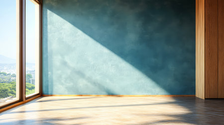 Bright and spacious room showcasing a blue wall and large windows with a scenic view of the outdoors. Sunlight casts long shadows across the wooden floor as afternoon light illuminates the space.の素材