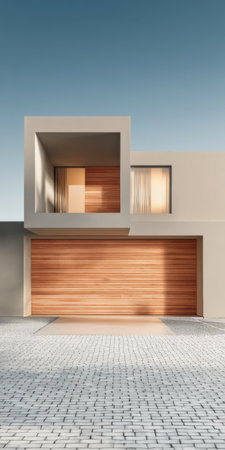A striking minimalist house features a unique box-like structure and a wooden garage door. Soft light filters through the windows highlighting the sleek lines and modern facade.の素材