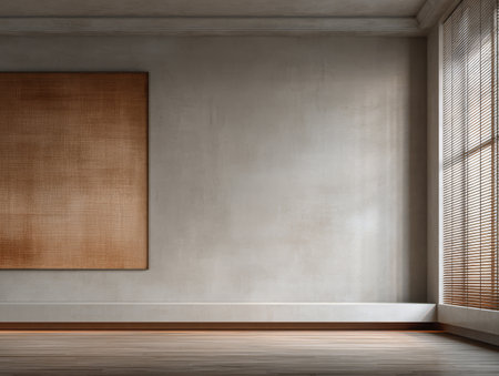 Soft natural light filters through window blinds illuminating the minimalist interior. A large textured artwork hangs on a smooth wall enhancing the tranquility of the space.の素材