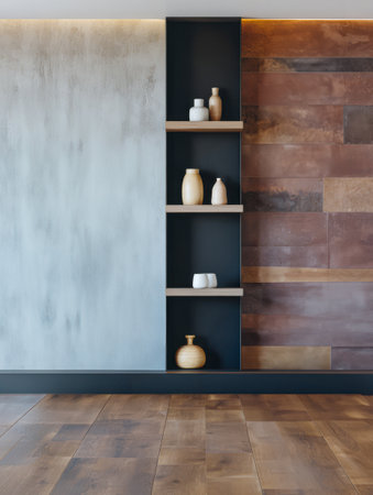 A contemporary interior showcases a wall with neatly arranged shelves holding decorative vases. The space emphasizes clean lines with a mix of textures and colors creating a stylish atmosphere.の素材