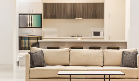 A stylish modern living room showcases a light-colored sofa complemented by black throw pillows.の素材