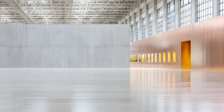 Expansive gallery space showcasing minimalist design with a smooth concrete wall warm wooden accents and large windows allowing ample sunlight to illuminate the area.の素材