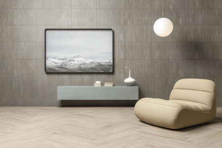 Cozy and modern living room showcases a sleek chair beside a light-colored table. A framed mountain landscape is hung on the textured wall adding tranquility and nature to the space.の素材