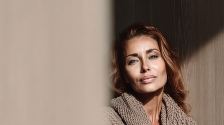 A woman with wavy hair and captivating eyes is posed near a softly lit wall. She wears a warm knitted sweater exuding a serene and confident presence enjoying the gentle sunlight.の素材