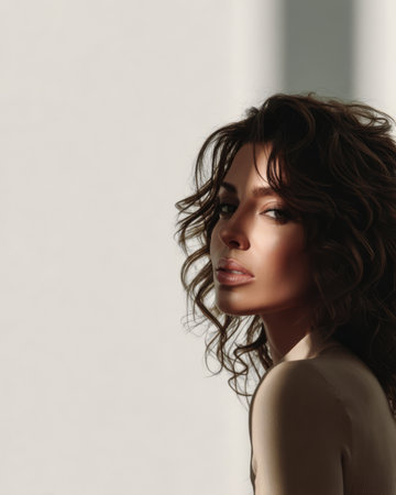 A woman with curly hair gazes over her shoulder in a softly lit room.の素材