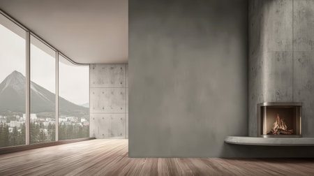 A minimalist interior features a cozy fireplace and large windows overlooking a mountain landscape.の素材