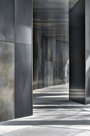 A sleek corridor features smooth metallic walls reflecting light and creating an interplay of shadows on the floor. The atmosphere showcases a blend of modern design and simplicity.の素材