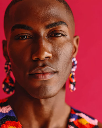A fashion-forward individual showcases striking features and colorful earrings perfectly contrasting with a bright pink background. The model exudes confidence and style.の素材