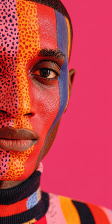 A striking portrait of a person with intricate face painting featuring bold colors against a pink backdrop. The artwork combines unique patterns that exude creativity and cultural expression.の素材