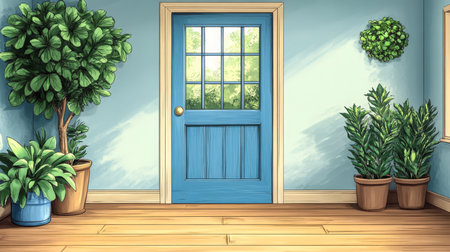 A cheerful room features a blue door and several green plants in pots. Natural light filters through highlighting the wooden floor and creating a welcoming atmosphere in the space.の素材