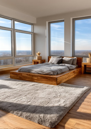 Bright and airy bedroom features large windows offering panoramic views. The wooden bed frame soft gray bedding and plush rug create a warm inviting atmosphere perfect for relaxation.の素材