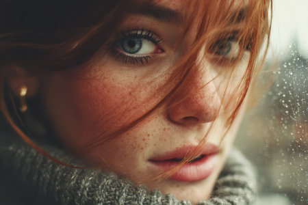 A young woman with striking red hair peers thoughtfully through a rain-splattered window.の素材