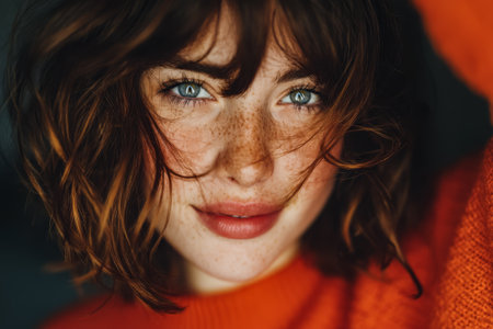 A young woman with curly brown hair and blue eyes is smiling warmly while wearing a cozy orange sweater. Soft lighting highlights her freckles creating an inviting atmosphere.の素材