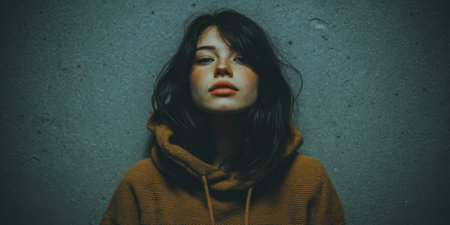 A young woman stands confidently her dark hair cascading around her face as she gazes intensely at the viewer.の素材