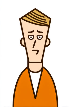 A character with a neutral expression and distinctive hairstyle stands against a plain background. The figure wears an orange outfit conveying a minimalist artistic style.の素材